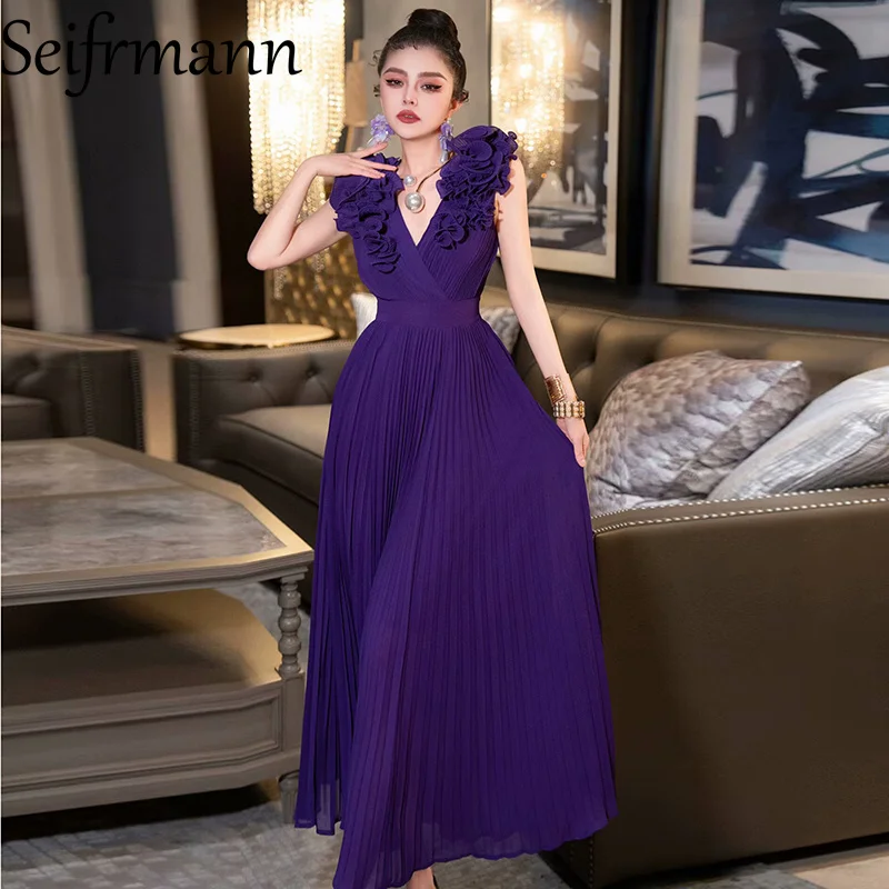 Seifrmann ソリッドノースリーブアップリケロングドレス V ネックハイウエストプリーツデザイン女性のパーティーイブニングドレス