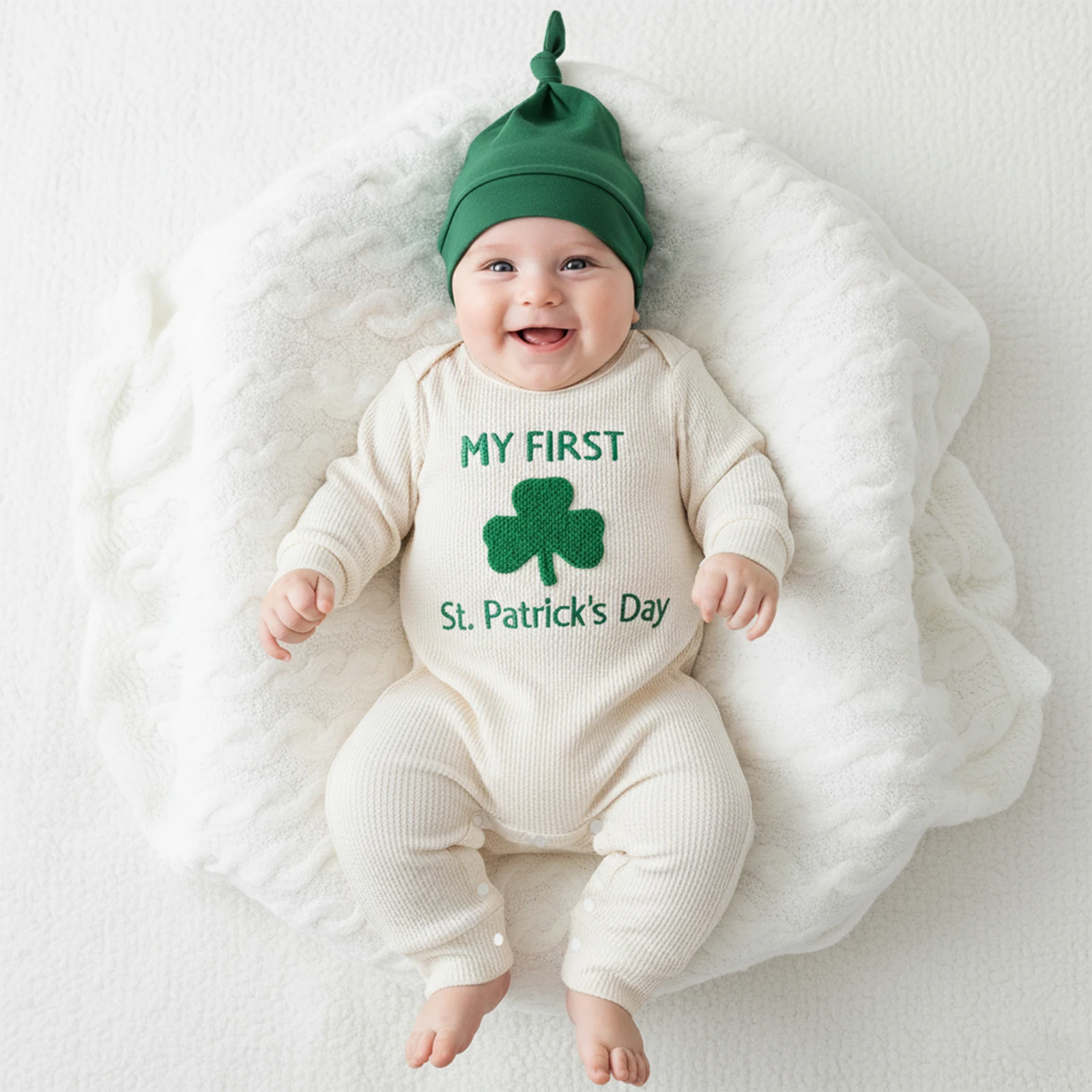 Baby Spring Outfits Shamrock Letter Pattern Crew Neck Long Sleeve Romper and Cap Baby My First St. Patrick's Day Costume 2Pcs