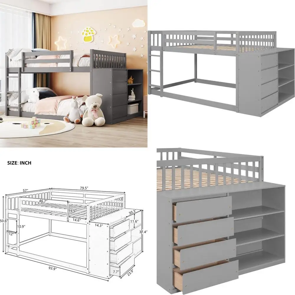 

Серая двухъярусная кровать Full Over Full с местом для хранения, 4 ящиками и 3 полками, подходит для детей, подростков и взрослых