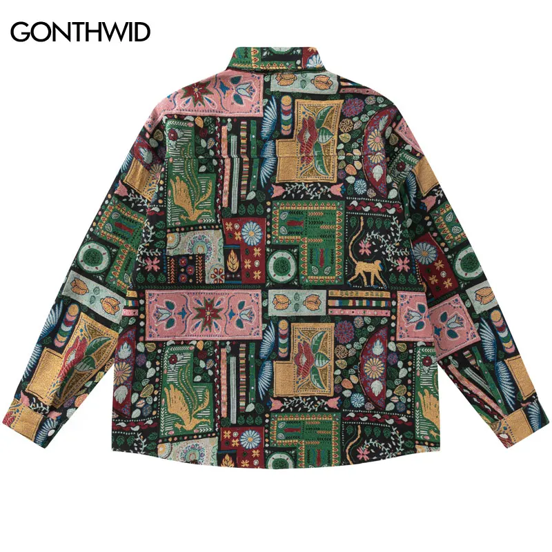 Men Vintage Thick Shirt Coat Y2K Hip Hop Retro Floral Pattern Patchwork Button Shirts Harajuku 2023 Fashion Loose Button Shirt