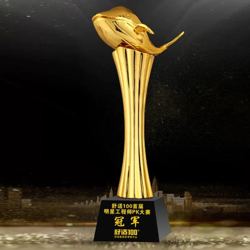

Customized Dolphin Resin Trophy, Home Decoration Craft Crystal Base Lettering Creative Swim Golden Excellent Award Ceremony, 1Pc