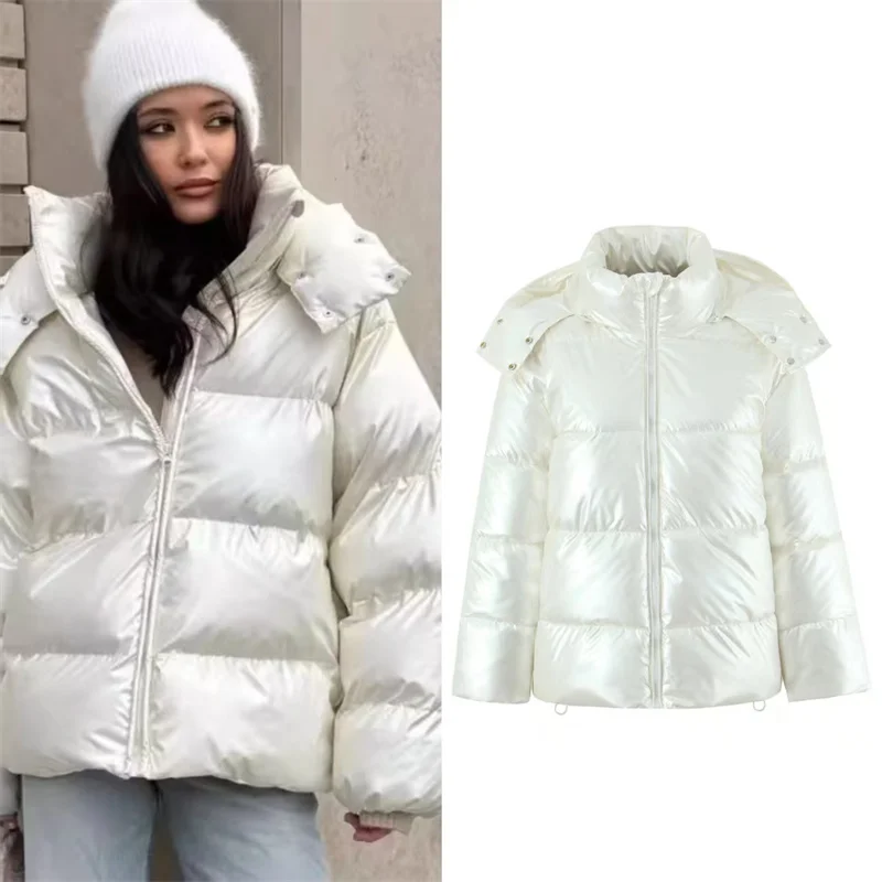 

Women's Quilted Jacket New White Leather-Effect Loose Stand Collar Down Jacket Winter Fashion Casual Coat