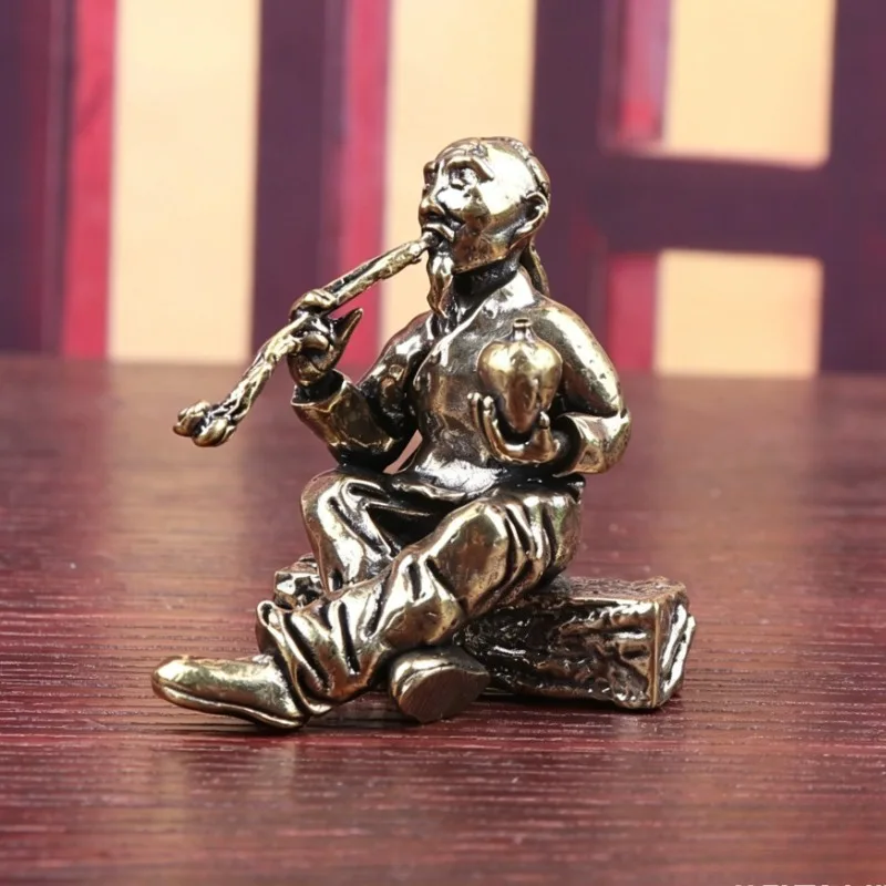 Vintage Brass Old Man Figurine with Pipe & Wine Gourd, Chinese Folk Elder Statue, Mini Desktop Ornament, Tea Pet  Craft Gift