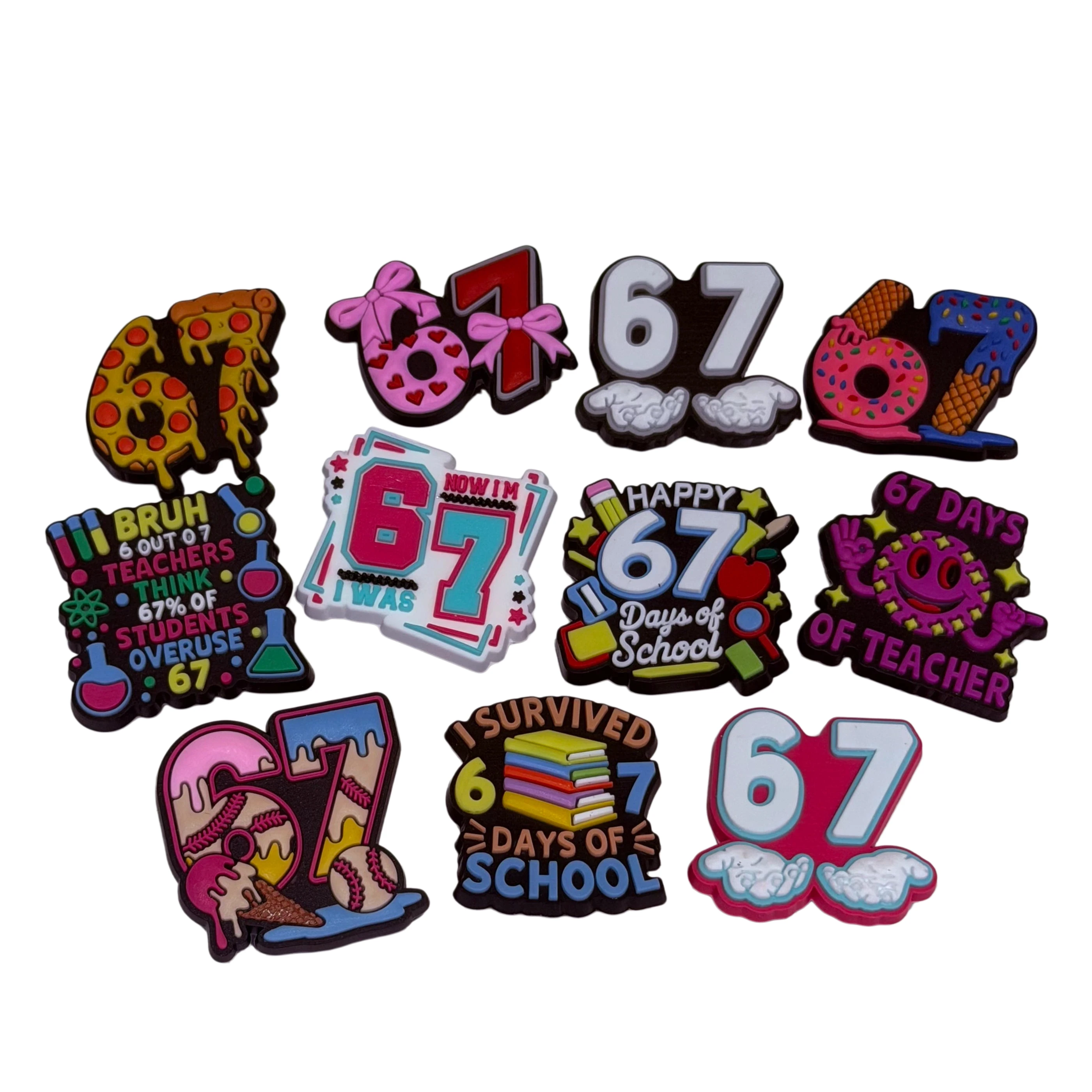 11Pcs I Survived 67 Days Of School Teacher Student Pvc Sandals Charms Adorable Garden Shoe Buckle Accessories Fit Holiday Gifts