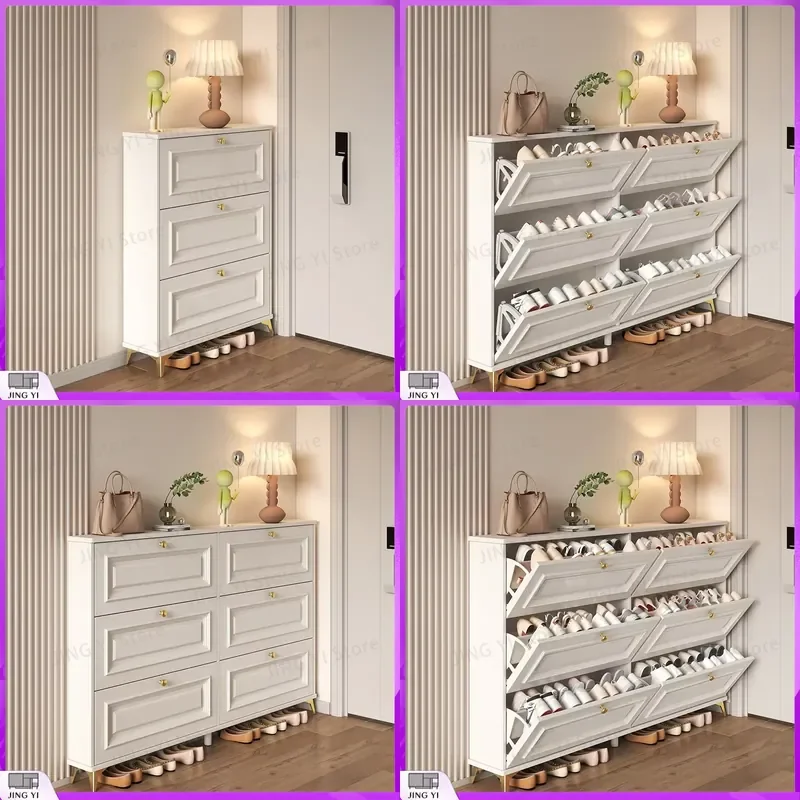 

Ultra Thin White Wooden Shoe Cabinet for Hallway Mobile Storage Organizer with Wheels Small Space Saving Shoe Rack Home
