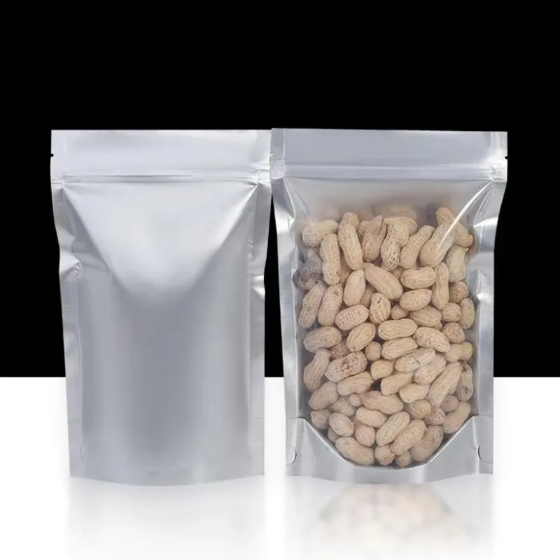 1000Pcs Thick Clear Front Back Silver Aluminum Foil Ziplock Packaging Bag Stand up Frosted Plastic Heat Sealing Pet Food Pouches