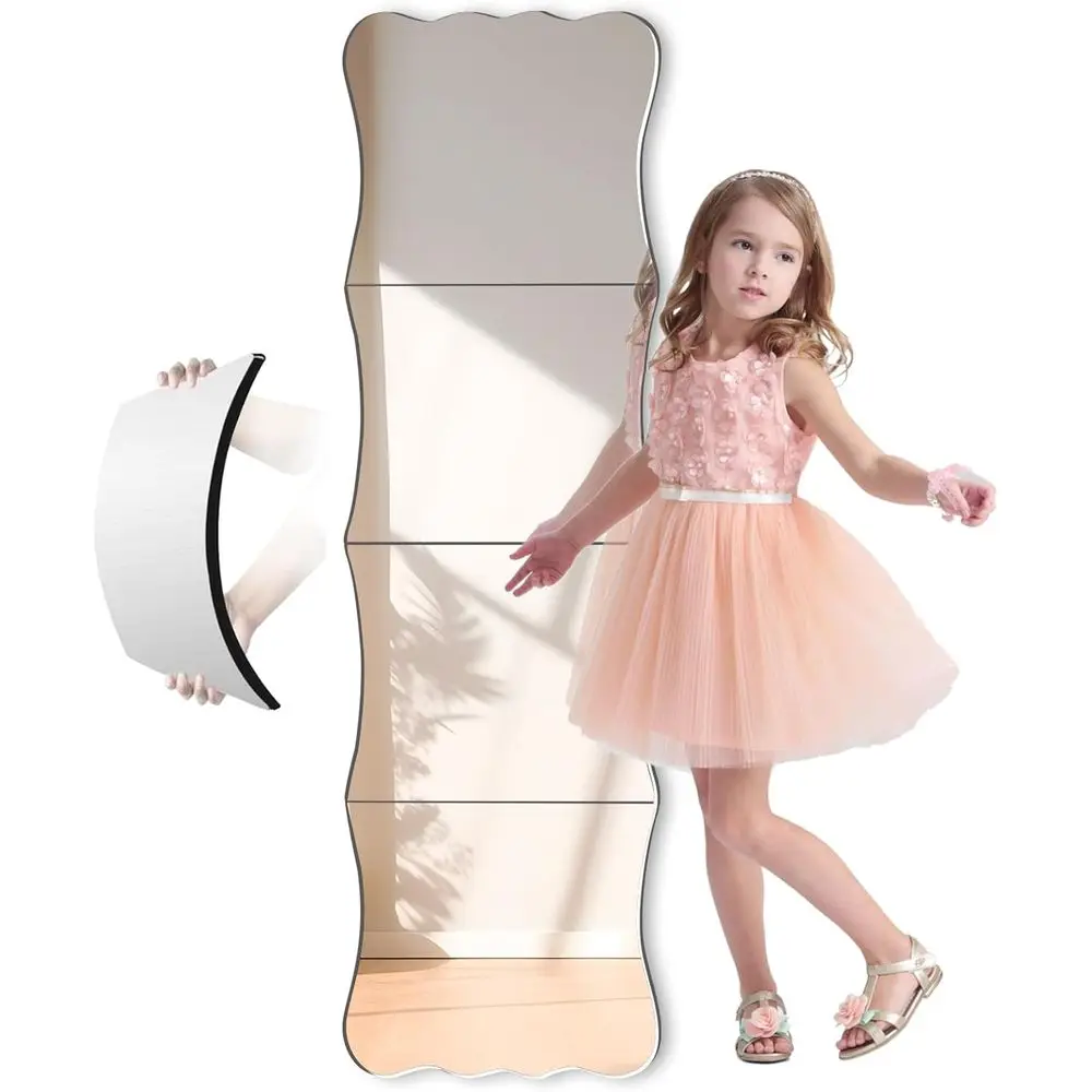 47x14 Inch Wavy Edge Acrylic Mirror Tiles, 4 Pack, Safe for Kids, Playroom, Dorm, and Gym