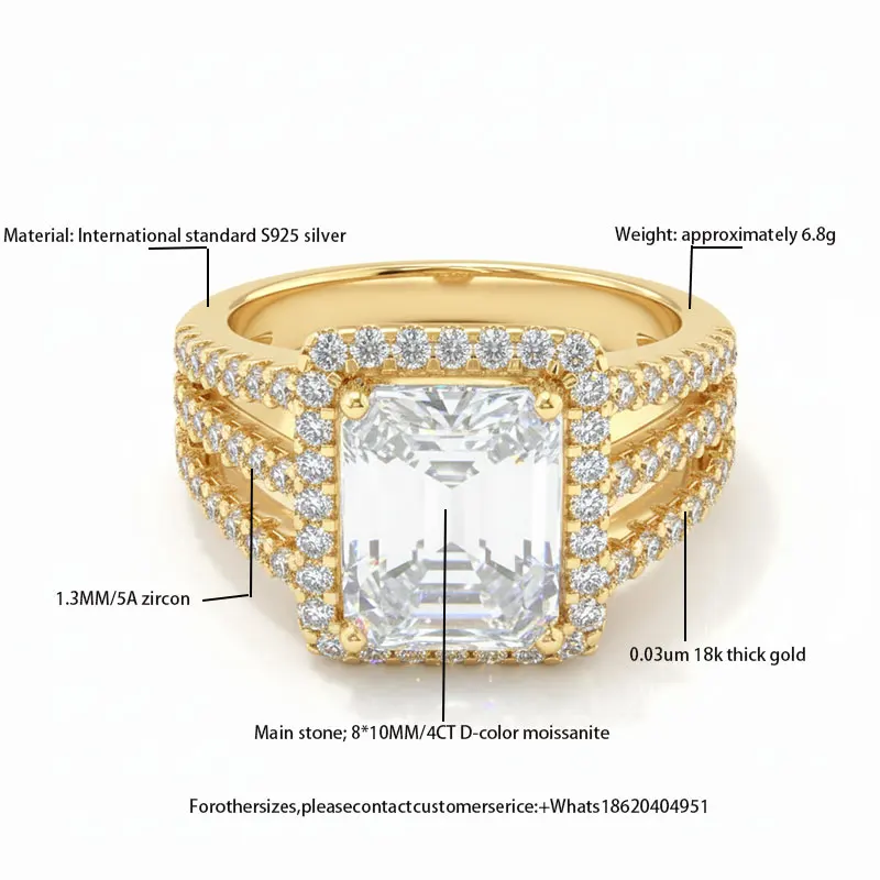 

Moissanite Ring for Women, International Standard S925 Silver 0.03um 18K Gold Plated, 4CT D-Color 8*10MM Moissanite Center Stone