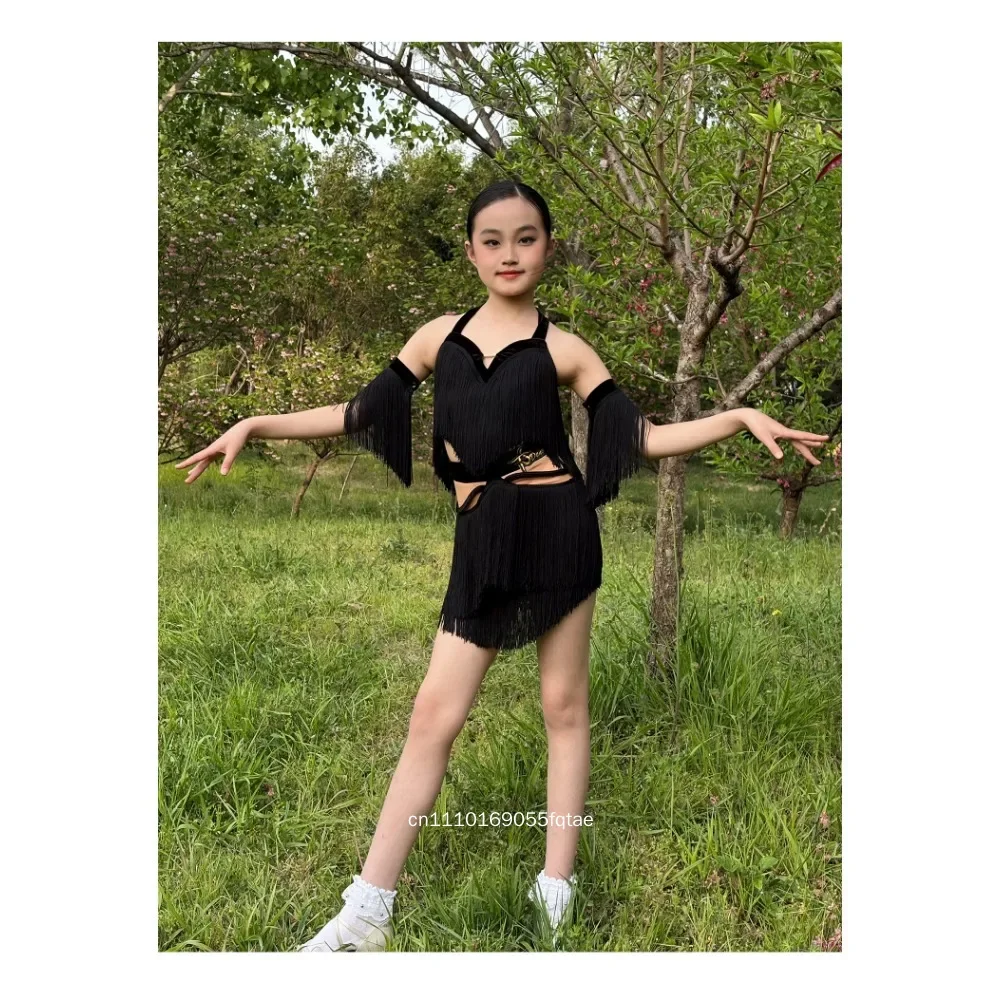 women-multi-color-tassel-latin-dance-costume-split-halter-top-elastic-back-training-practice-outfit-with-shorts