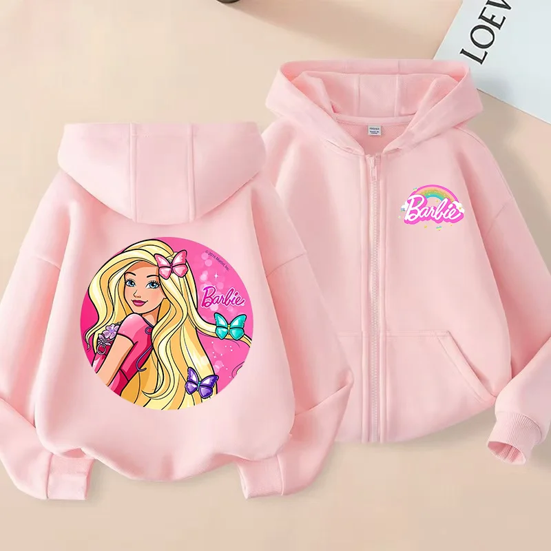 Kids Boys Girls Autumn Winter Zip Up Hoodie Barbie Print Casual Long Sleeve Sweatshirt for Children Daily Wear