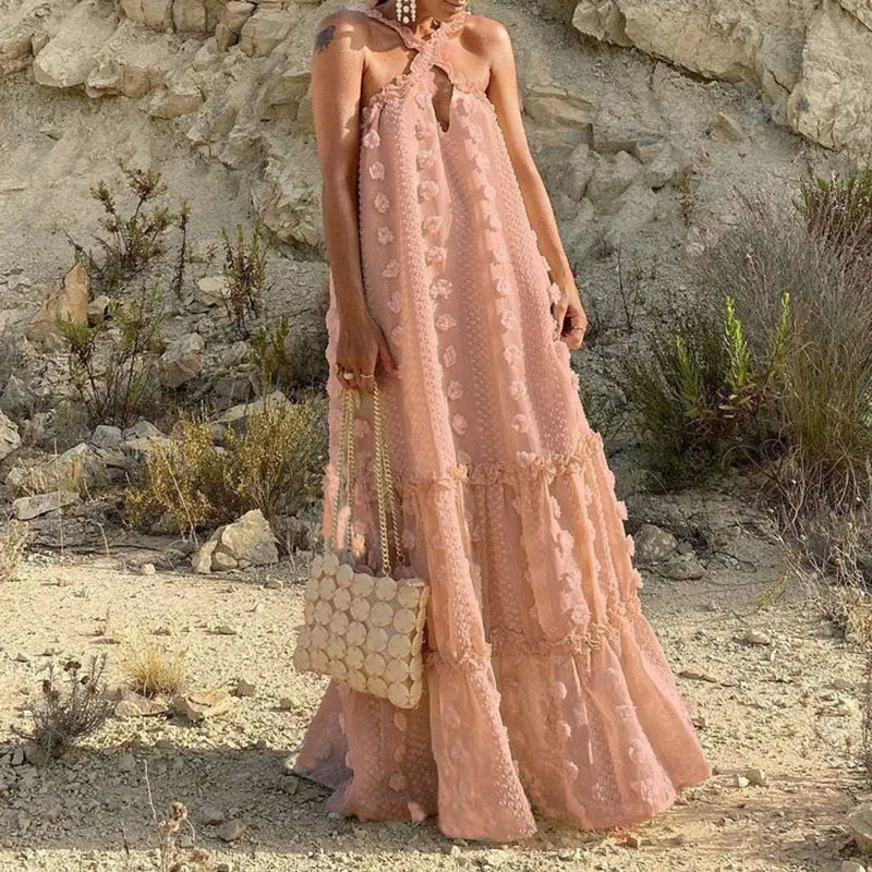 Bohemian Women's Summer Long Dress Sexy Boho Hanging Neck Sleeveless Beach Sundress Vacation Floral Evening Prom Maxi Dresses