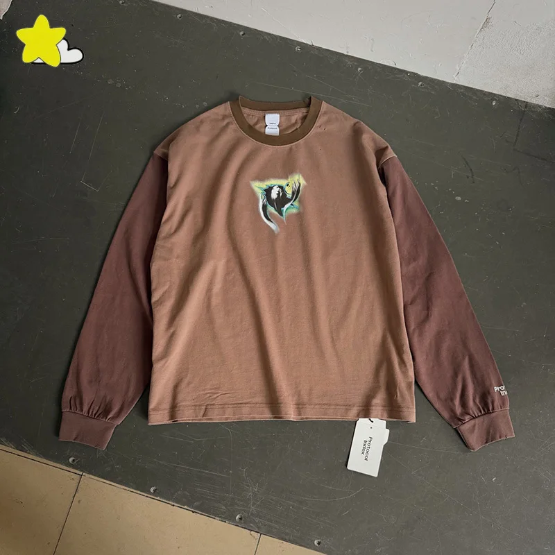 Men Women Hip Hop Damaged Hole Patchwork Sleeves T-Shirt 100% Cotton Graphics Print Brown Protocol Index Long Sleeve T Shirt