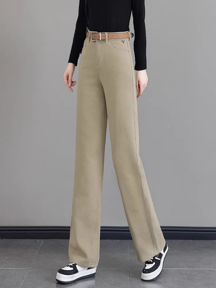 

Джинсы цвета хаки с широкими штанинами, женские, с высокой талией, свободного кроя, повседневные, прямого кроя, весна-осень, новый стиль