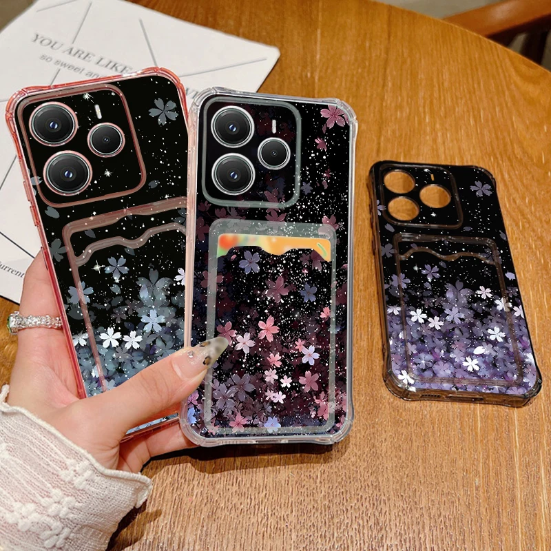 Card Pocket Case For Xiaomi Redmi Note 14 Pro Plus 5G Note 14 13 12 11 Pro 14C 13C 4G Gradient Flower Soft Silicone Phone Cover
