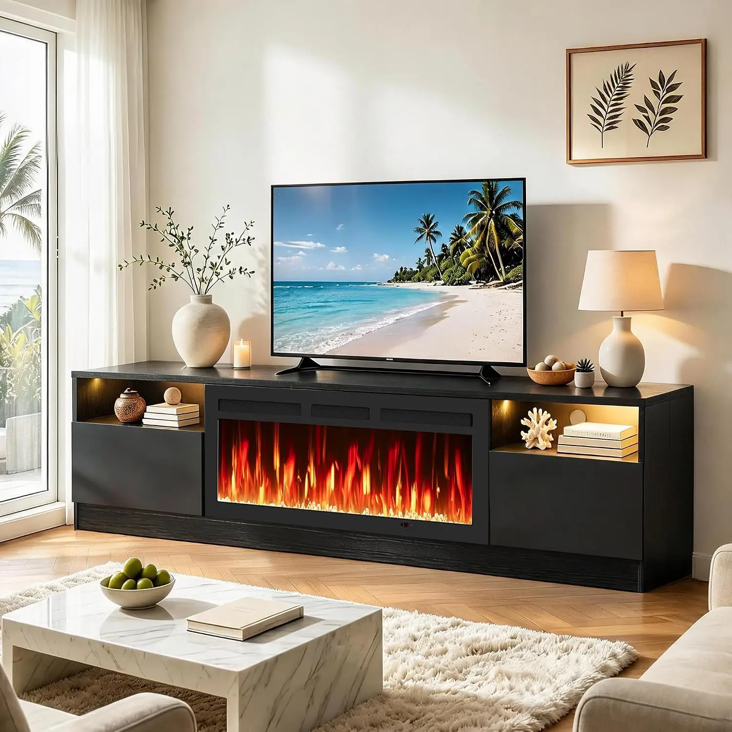 Electric Fireplace TV Stand With LED Light & Storage Cabinet For Up To 100
