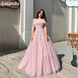 Amanda Pale Pink Ball Gown Prom Dress Lace Embroidery فساتين سهرة سعودية Off Shoulder Ostrich Hair vestido de festa noite