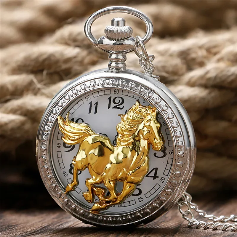 Silver Golden Horse Design Chinese Style Zodiac Men Women Quartz Analog Pocket Watch Sweater Necklace Chain Vintage Gift Clock