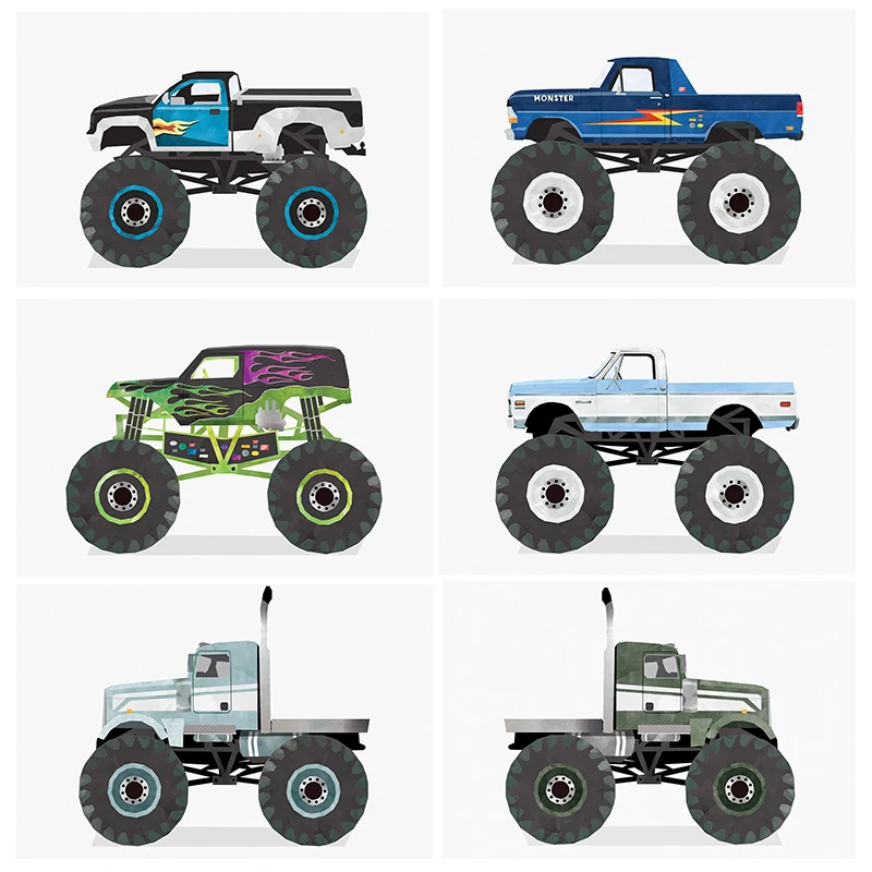 Pósteres de dibujos animados de Monster Truck, gran camioneta, transporte, impresiones para guardería, pintura en lienzo, imágenes artísticas de pared, decoración para el hogar y la habitación del niño