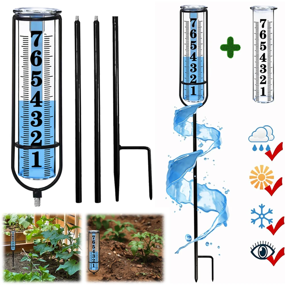 Outdoor Rain Water Meter Large Clear Number Adjustable Height with Thickened Plastic Tube & Metal Stake for Yard Lawn Garden