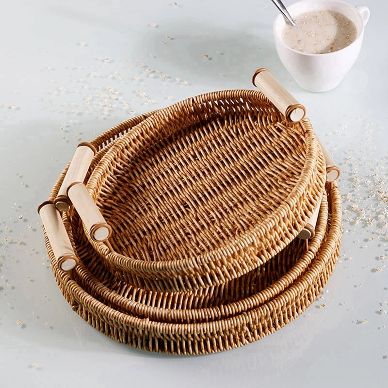 Boho Round Square Rattan Serving Handmade Bread Basket Tray Breakfast Tea Fruit Coffee Storage Woven Rattan Basket With Handles