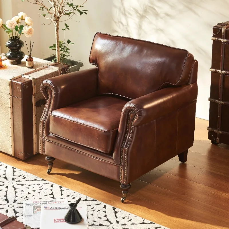 French antique leather sofa American classic retro single sofa oil wax leather tiger chair leisure chair