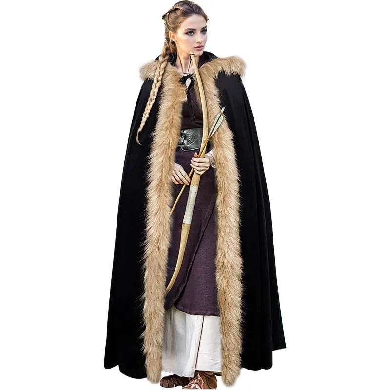 Fantasia Medieval Feminina com Capuz, Traje Vitoriano, Fantasia de Rainha Dragão, Vestido Preto de Guerreira Dragão, Roupa de Halloween Jon Snow