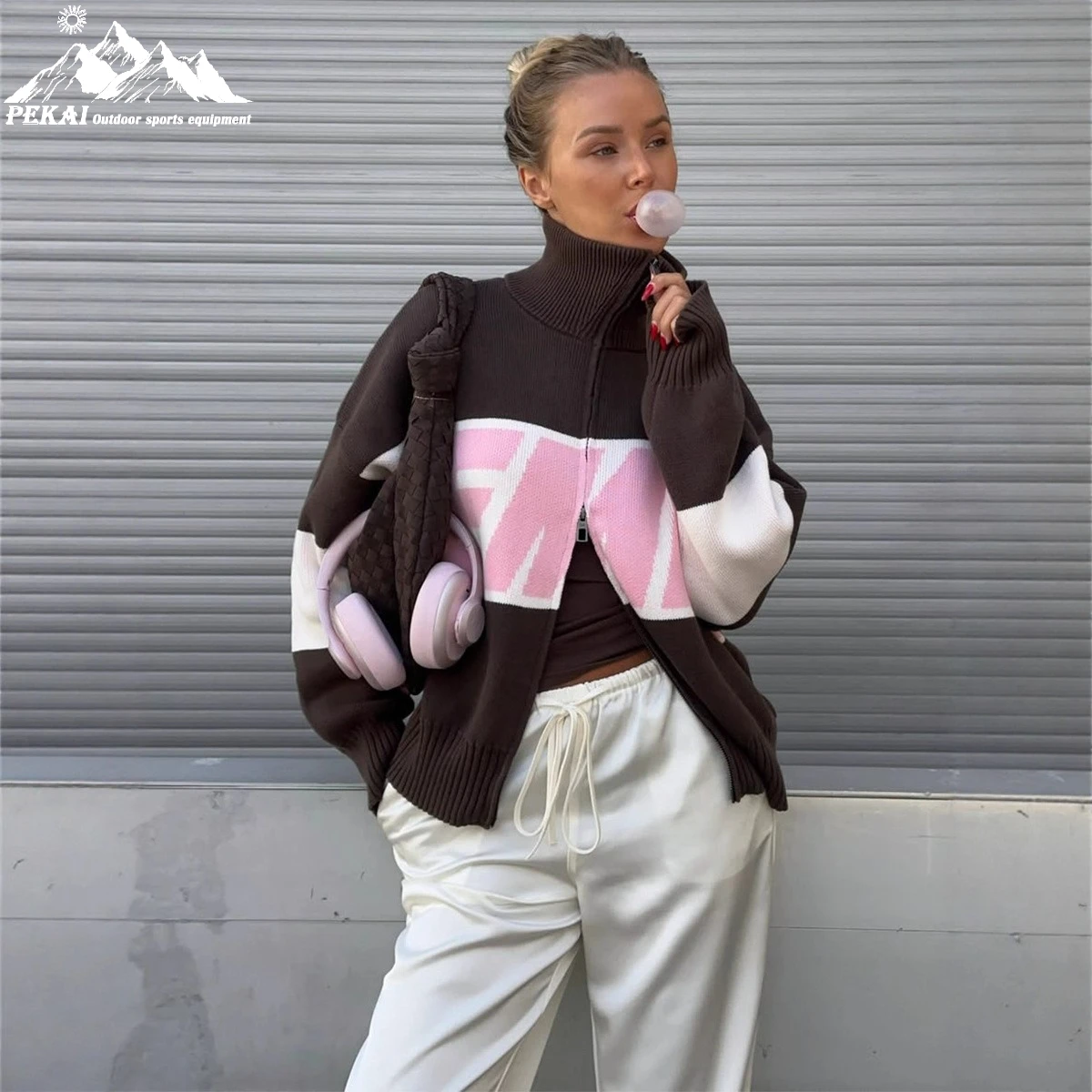 

Alphabet Jacquard Open Knitted Woolen Sweater European and American Autumn/Winter New Collection Collar Zipper Sweater