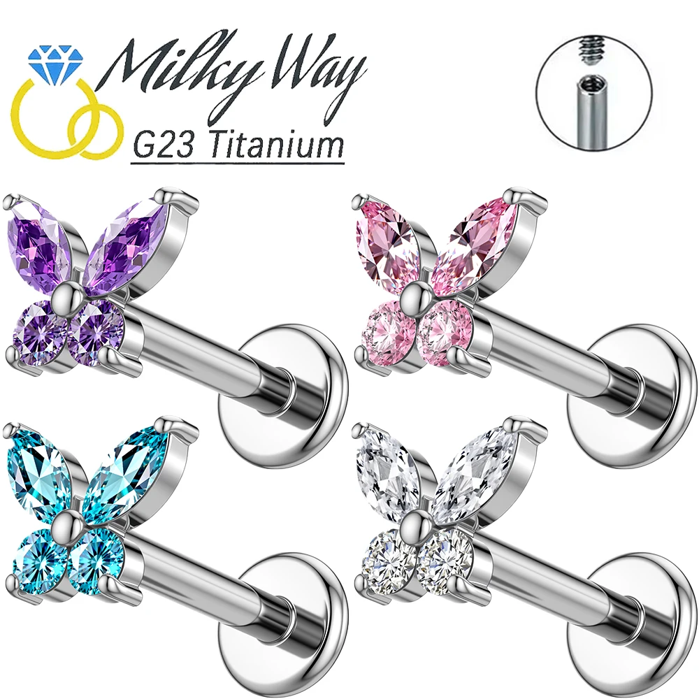 

1PC G23 Titanium Butterfly Labret Piercing Lip Stud Cluster Zircon Tragus Flat Cartilage Stud Earrings Nose Piercing Jewelry