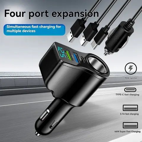 Nouveau chargeur de voiture à affichage numérique, charge rapide, double USB, chargeur de voiture, un à trois allume-cigare, 66W, chargeur de voiture multifonctionnel