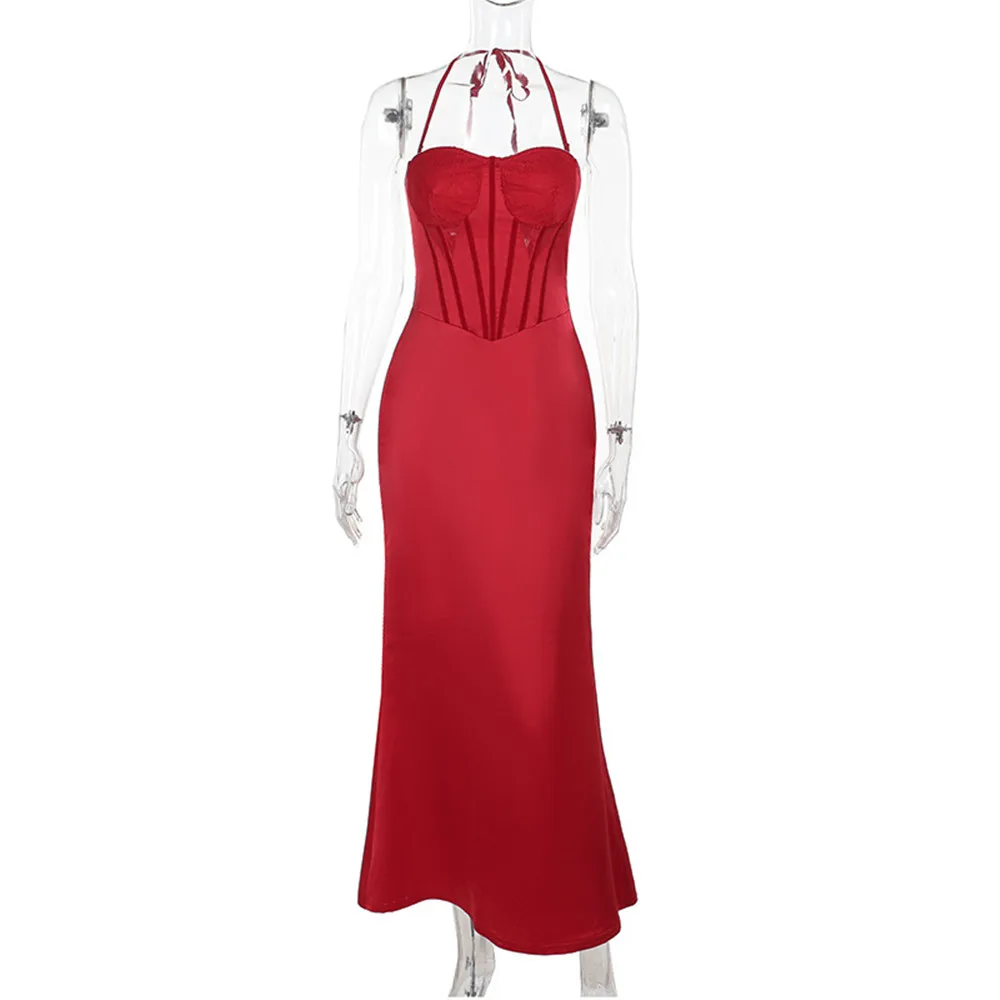 

SKMY Sexy Backless Spaghetti Strap High Waist Party Long Dresses Y2k Clothes Women 2025 Summer New Arrivals Slim Fit Red Dress