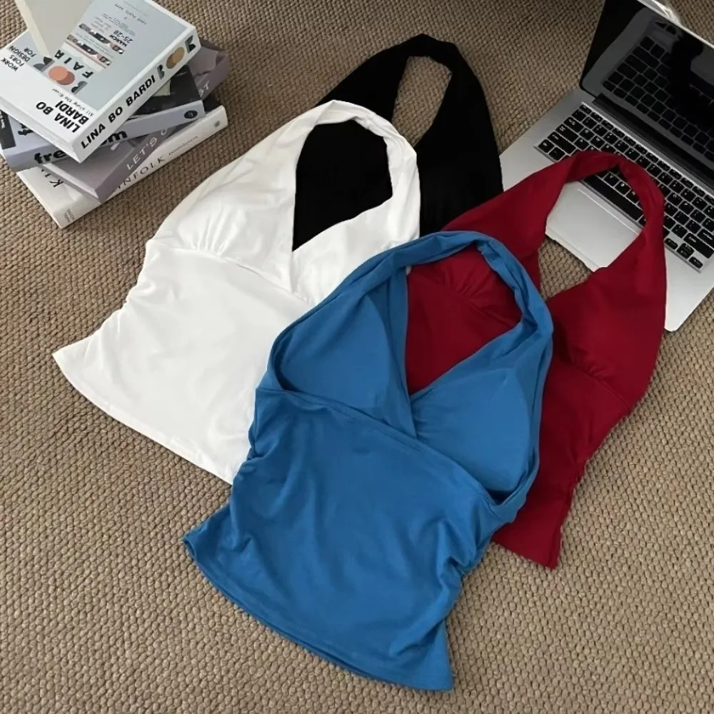 V Neck Design Halter Neck Cami Top With Built In Bra Pads Slim Fit Built In Bra Cami Sleeveless Style Solid Color