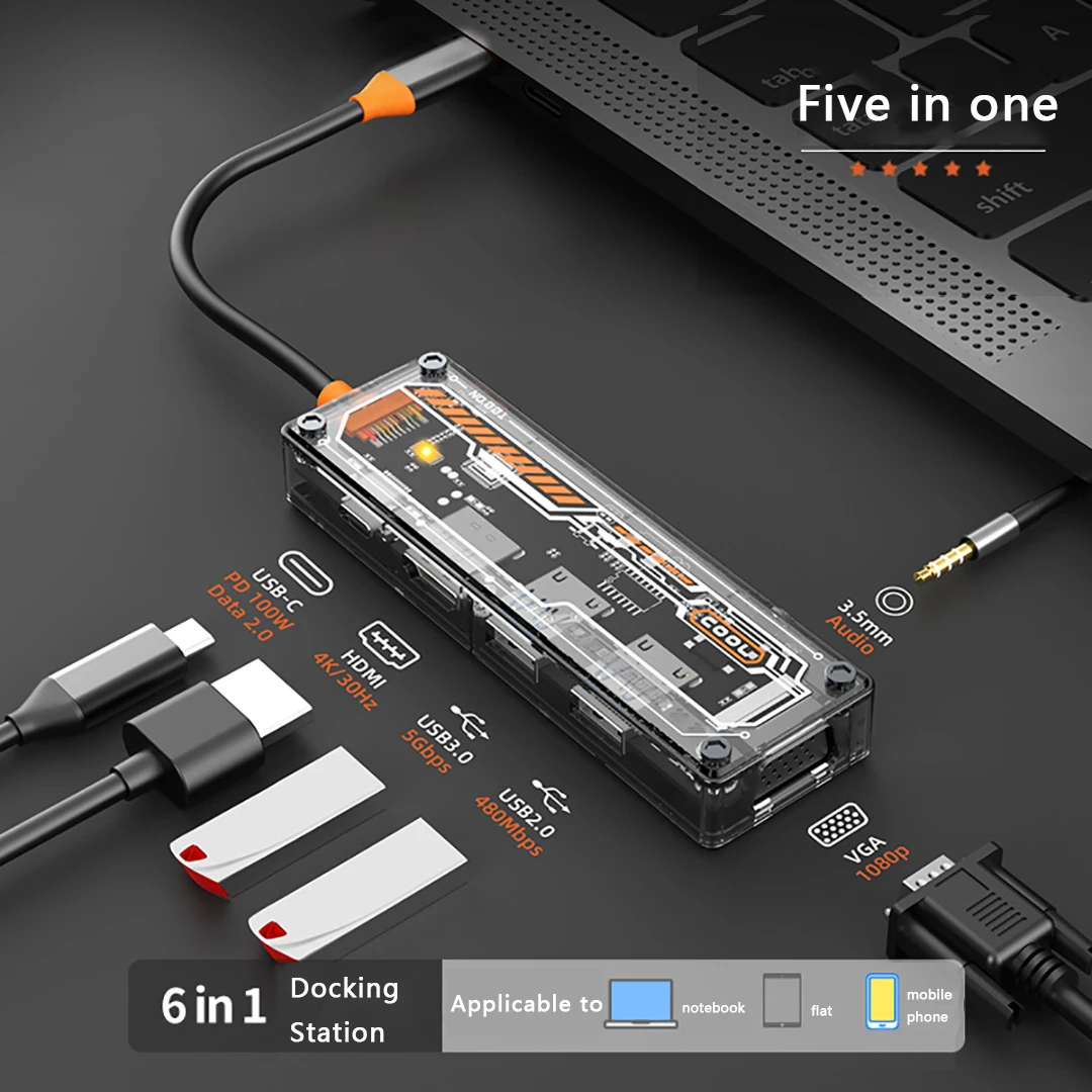 

USB 3.0 Docking Station 6-Port Tyep-C to PD100W Hub Compatible with HDML VGA Audio Splitter Support with Type-C Computers