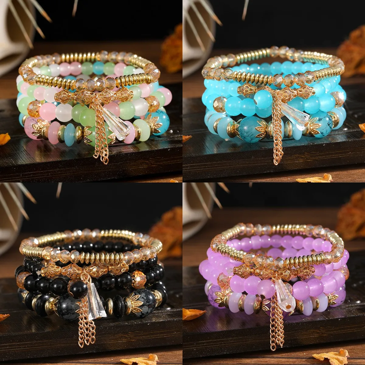 Multi-Layer Beaded Bracelet Set for Women – Elastic Stretch Glass Beads Jewelry, Floral Metal Spacer Hand Chain, 4-Piece