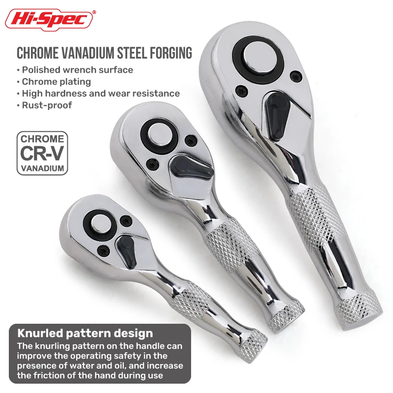 Chave de Torque Mini Ratchet Hi-Spec 1/4 3/8 1/2 com 72 Dentes, Chave de Soquete Rápida 2 em 1, Ferramentas Manuais para Reparos
