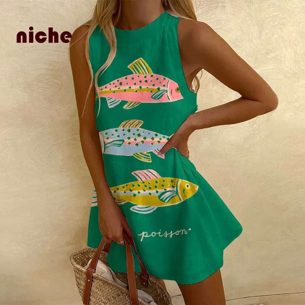 Vestido de Color liso para mujer, estampado de pez pintado a mano, algodón y lino, diseñador de alta calidad, tendencia de moda, nueva falda de playa