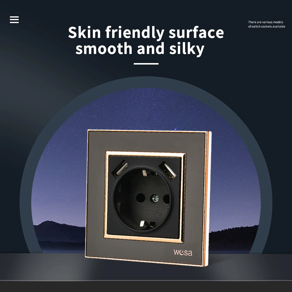 جدار أسود مدمج مثبطات اللهب مع لوحة أكريليك أرضية 250 فولت منافذ كهربائية قياسية للاتحاد الأوروبي مآخذ طاقة USB كلاسيكية 250 فولت #3