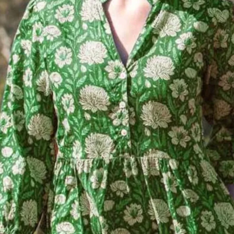 Boho Women's Casual Dress Autumn Spring New Vintage Printed V-neck Three-quarter Sleeve Loose A-line Dresses For Women Vestidos