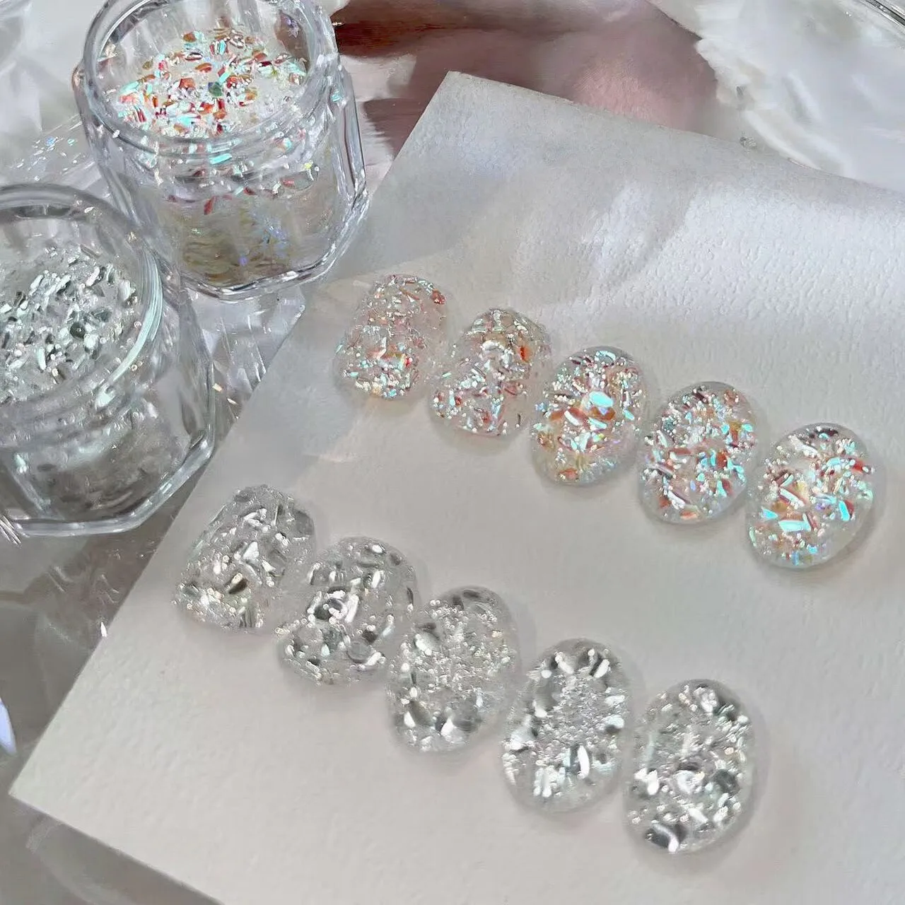 

1 piece of white color Internet celebrity hot-selling light chasing flash nail art sequins series nail art mixed material powder