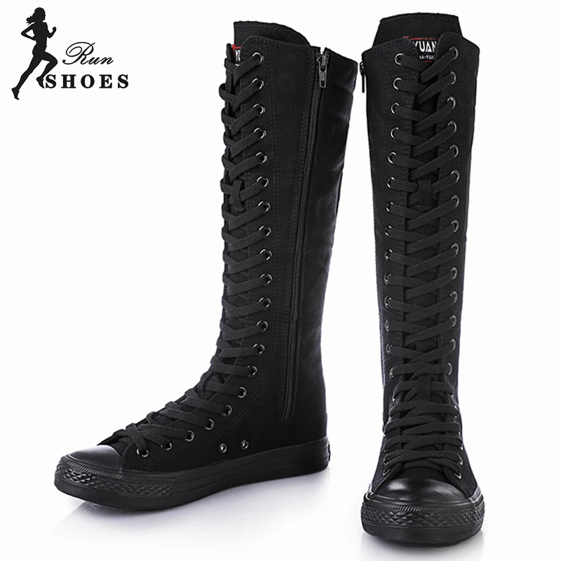 2023 Spring Autumn Women Shoes Canvas Casual High Top Long Boots Lace-Up Zipper Comfortable Flat Mid-Calf Boots Sport Large Size