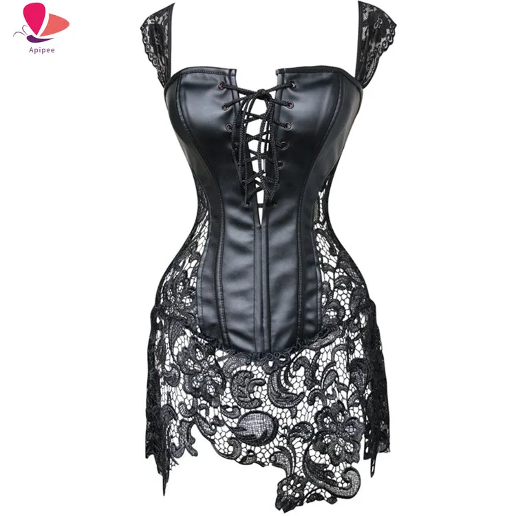 

2024 New Women Steampunk Faux Leather Waist Cincher Lace Up Boned Bustier Top Corset Dress Overbust Brocade Sexy S-6XL