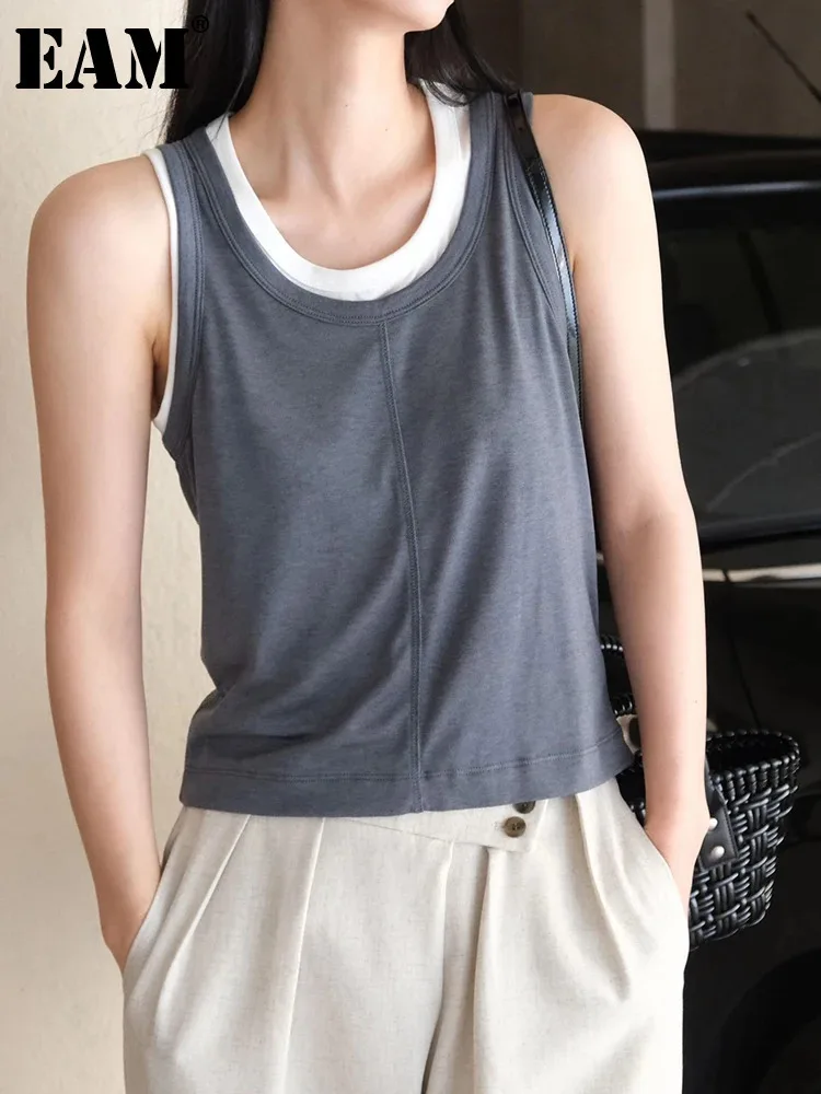 [EAM] Women Gray Double Layers Casual  Tank Tops New Round Neck Sleeveless Personality Fashion Tide Spring Summer 2024 1DH5432