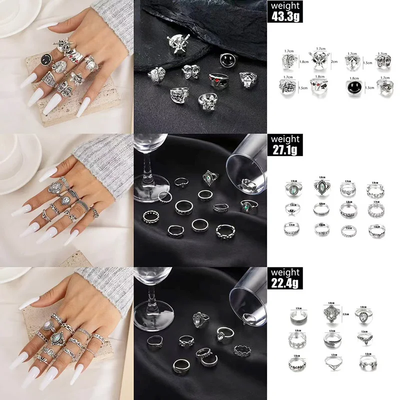 Trendy Hollowed Crystal Zircon Moon Skull Poker Set Ring Vintage Turquoise Flower Love Butterfly Charm Ring Jewelry for Women's