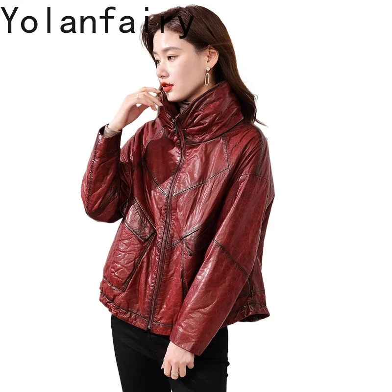 YOLANFAIRY Real Cowhide Genuine Leather Jacket Women Winter High Quality Warm Down Coat Woman Stand Collar Fashion Puffer Coats