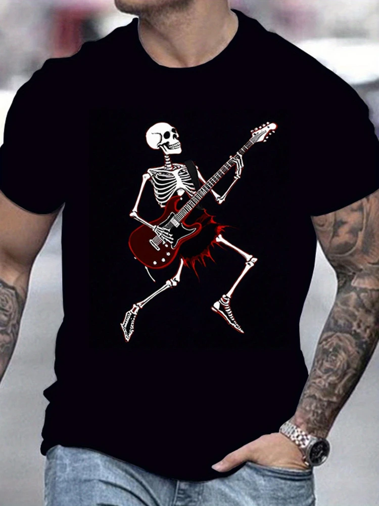 

[Halloween Skull Guitar] Skull Guitar pattern design-100% cotton summer casual O-neck short-sleeved men's printed T-shirt.