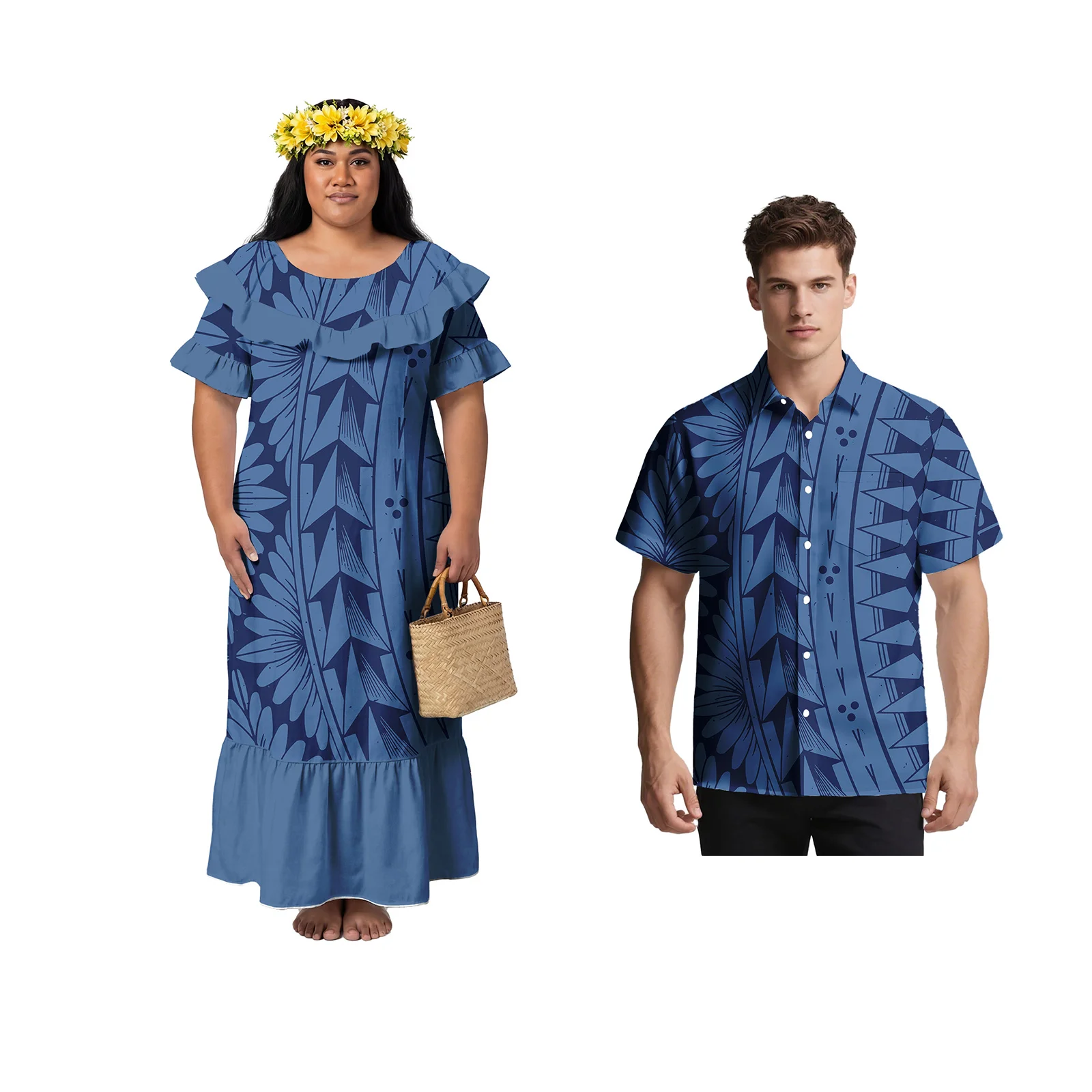 Fashion Royal Blue Couple Clothes Polynesian Men Shirts Samoan Women Dress Custom Hawaiian Island Print Matching Couple Outfits
