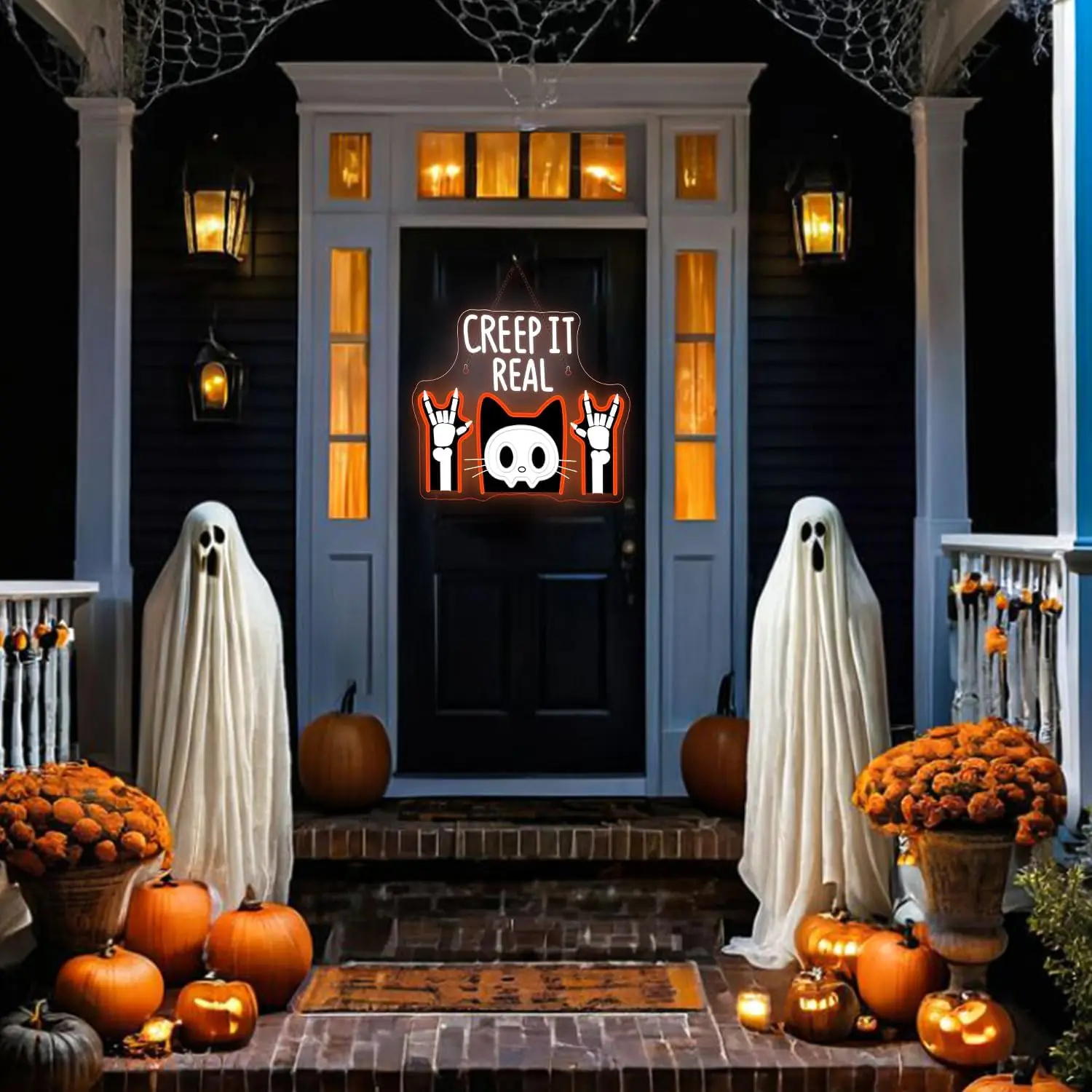 ป้ายไฟนีออนรูปหัวกะโหลกแมว Creep It Real ไฟ LED ปรับความสว่างได้ สำหรับตกแต่งผนังงานปาร์ตี้ธีมฮาโลวีนสุดหลอน ใช้พลังงานจาก USB