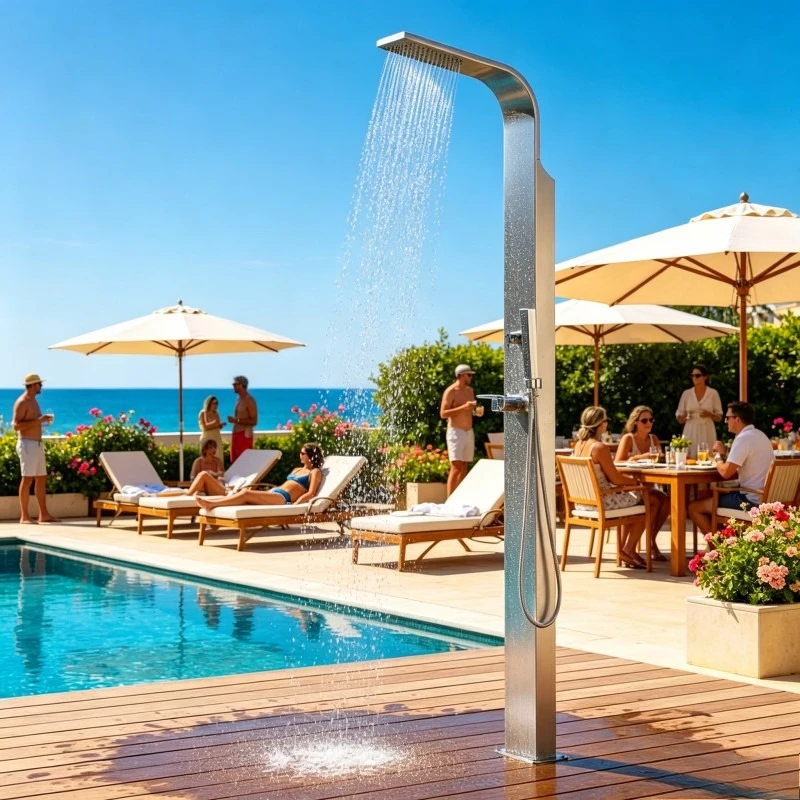 Colonne de Douche Extérieure Incurvée en Acier Inoxydable - Douche Haute Pression avec Douchette à Main, Résistante à la Corrosion, Idéale pour Piscine, Terrasse, Plage, Extérieur