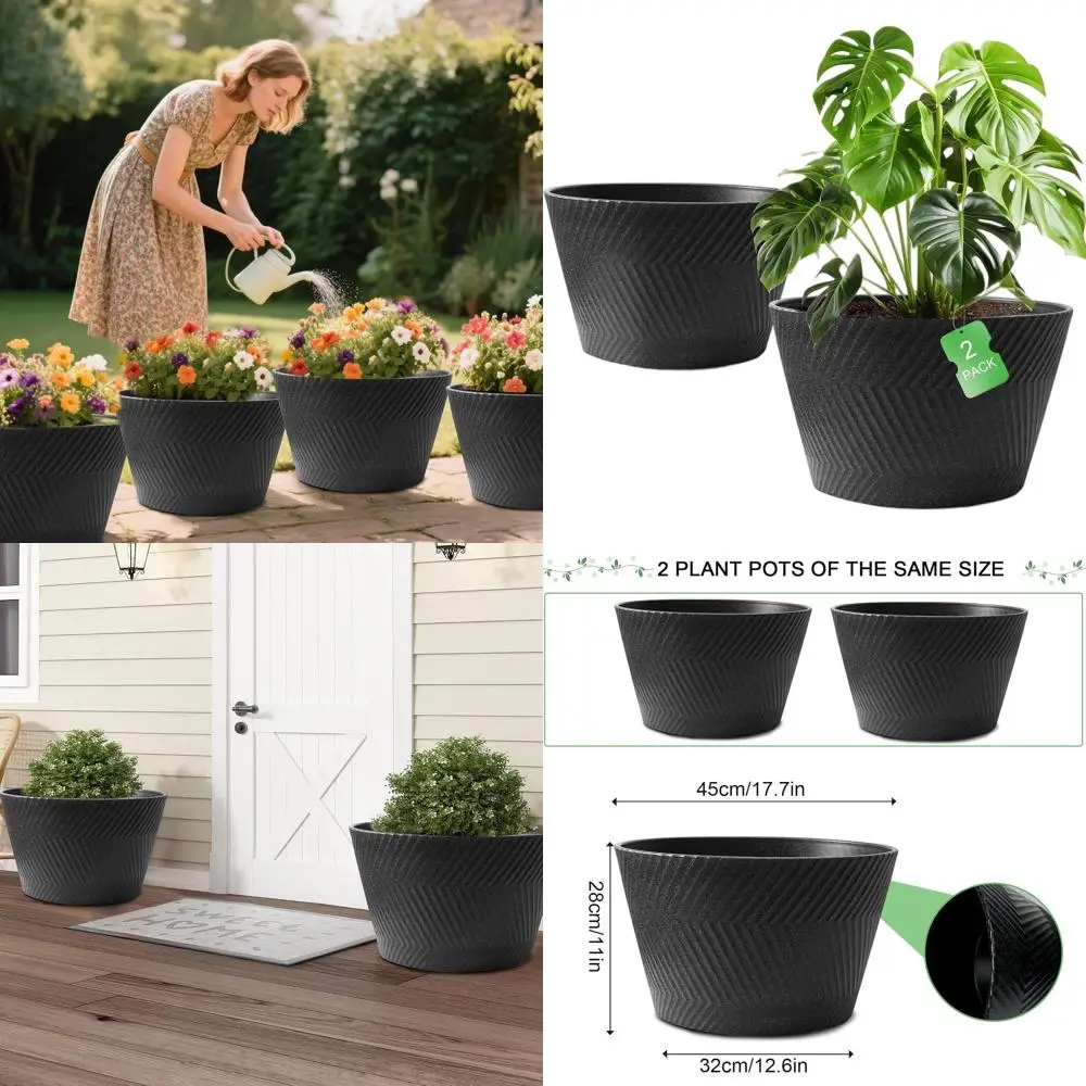 

Пара больших круглых кашпо диаметром 18 дюймов для использования на улице и в помещении - прочные пластиковые горшки черного цвета
