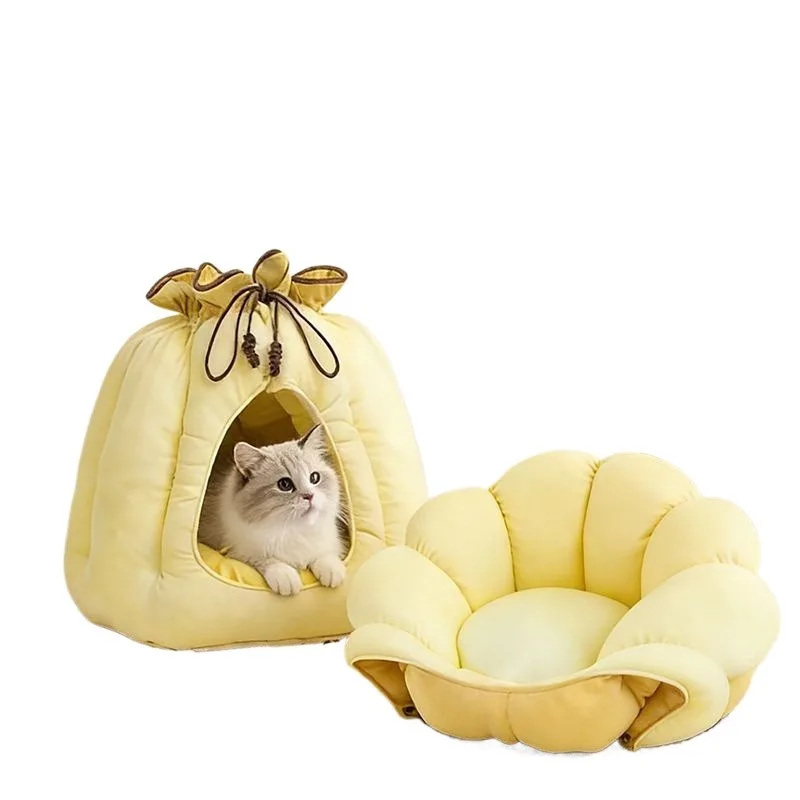 Ice Silk Cat Bed Drawstring Design Semi Enclosed Private Space Removable Washable Four Seasons Universal