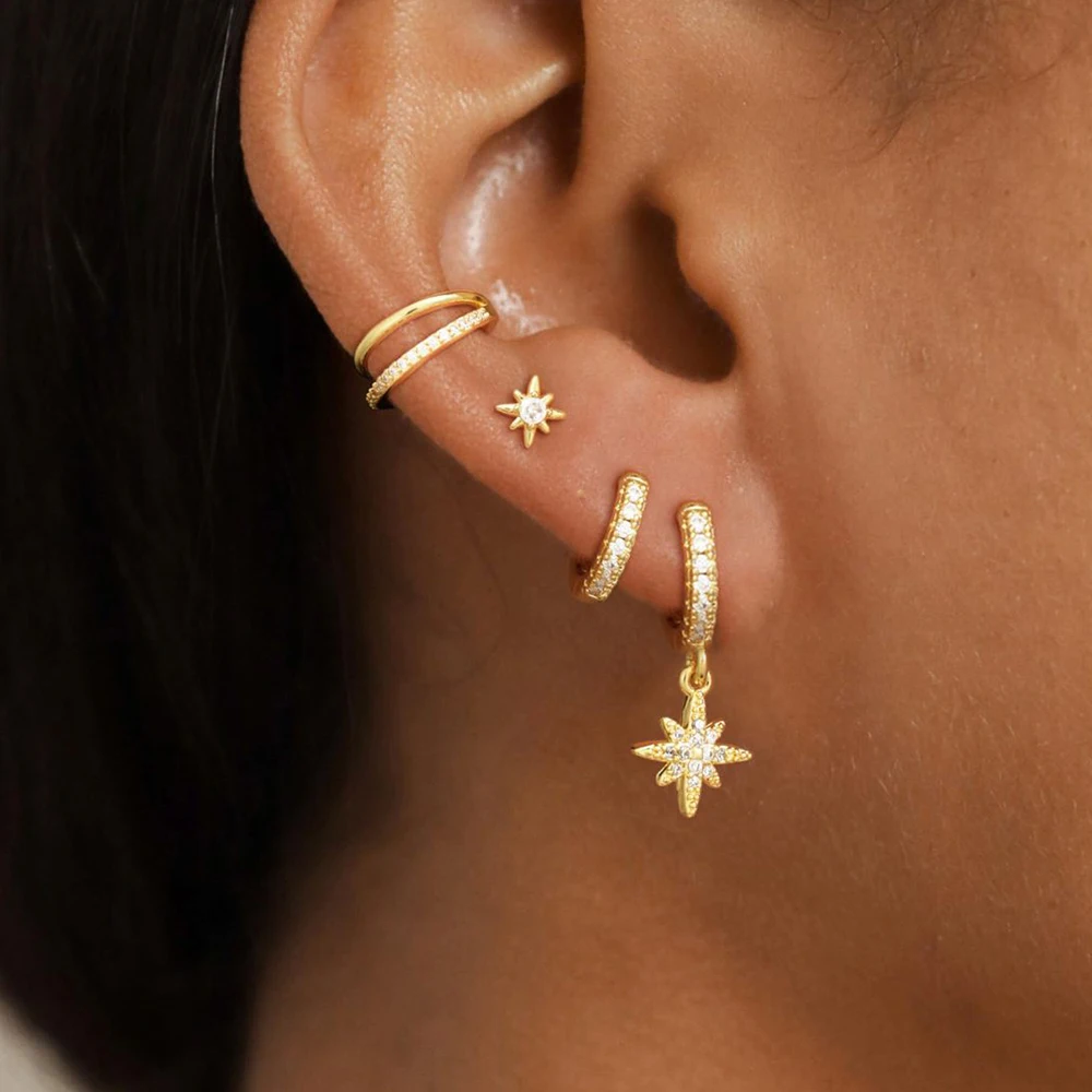 4 יחידות סט עגילי כוכב מפלדת אל-חלד עם זירקוניה קובייתית לנשים, עגילי חור בקרטילג' עם קליפס לאוזן, תכשיטים קוריאניים